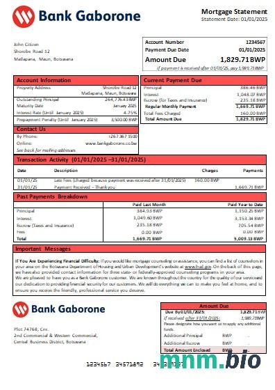 Botswana Bank Gaborone wyciąg z kredytu hipotecznego szablon Word i PDF